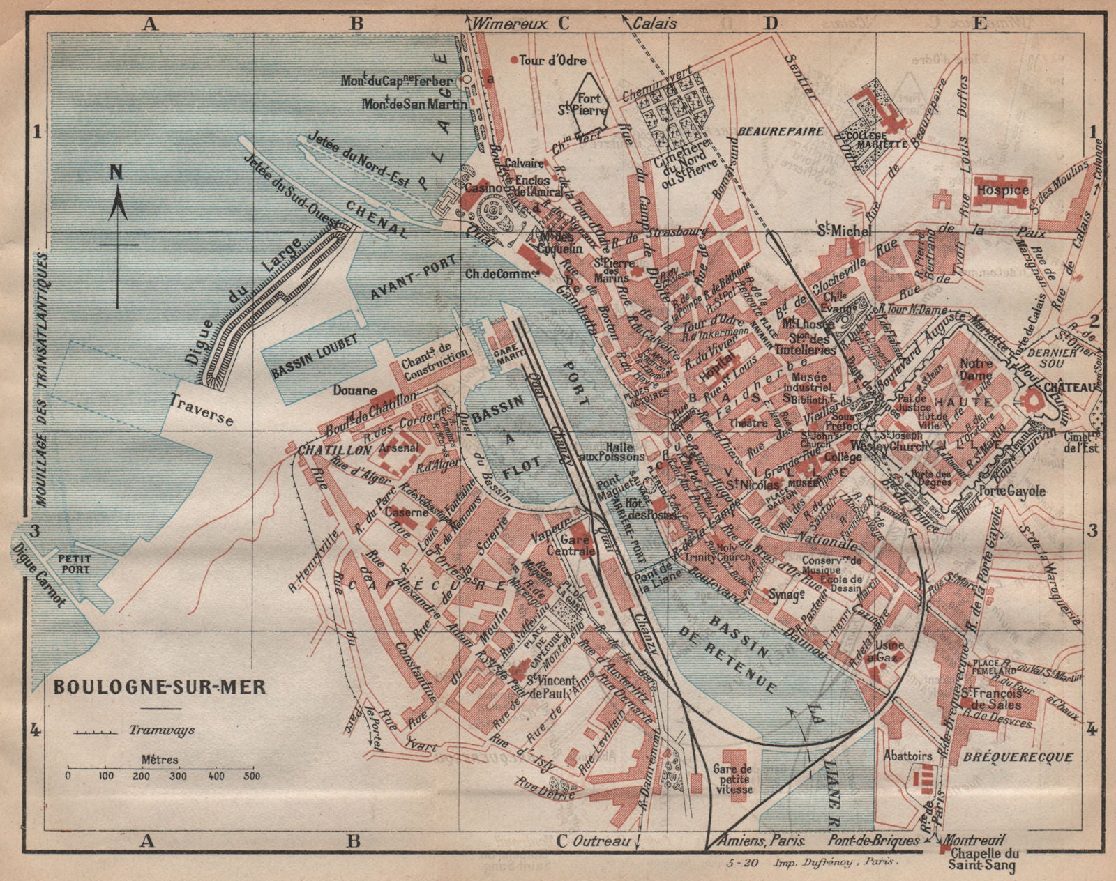BOULOGNE-SUR-MER. Vintage town city map plan. Pas-de-Calais 1920 old